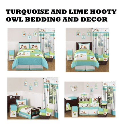Turquoise and lime hooty owl bedding and decor
